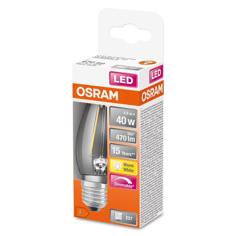 OSRAM LED Lampada LED Retrofit CLASSIC B DIM 4.8W 827 Chiara E27, 470 lm, 2700 K, Bianco caldo