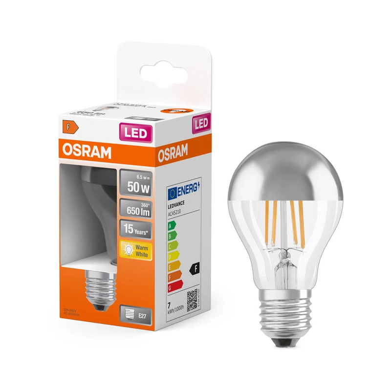 OSRAM LED Lampada LED Retrofit CLASSIC A Mirror 6.5W 827 Argento E27, 650 lm, 2700 K, Warmweiß