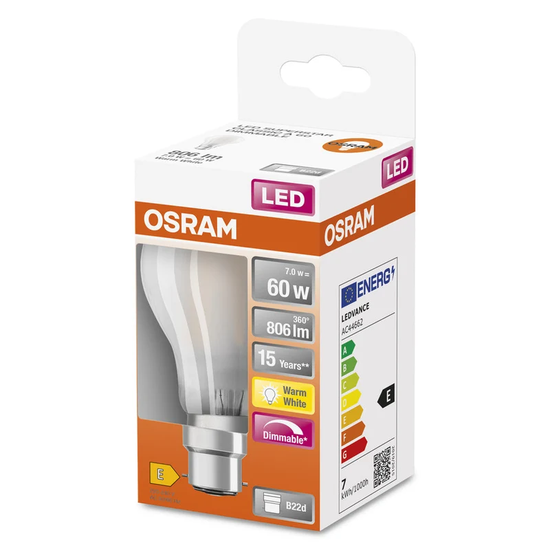 OSRAM LED Lampada LED Retrofit CLASSIC A DIM 7W 827 Satinata B22d, 806 lm, 2700 K, Bianco caldo