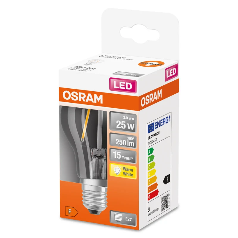 OSRAM LED Lampada LED Retrofit CLASSIC A 2.5W 827 Chiara E27, 250 lm, 2700 K, Bianco caldo