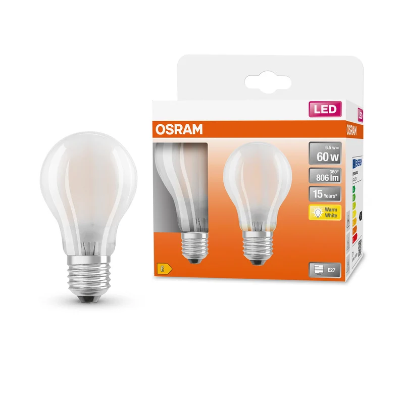 OSRAM LED Lampada LED Retrofit CLASSIC A 6.5W 827 Satinata E27, 806 lm, 2700 K, Bianco caldo, Confezione da 2