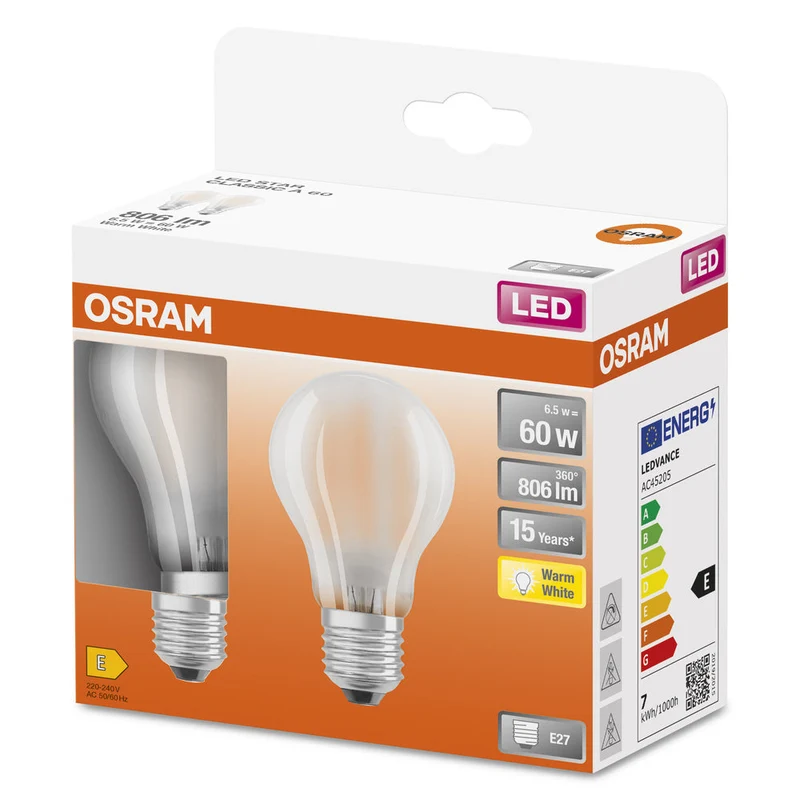 OSRAM LED Lampada LED Retrofit CLASSIC A 6.5W 827 Satinata E27, 806 lm, 2700 K, Bianco caldo, Confezione da 2