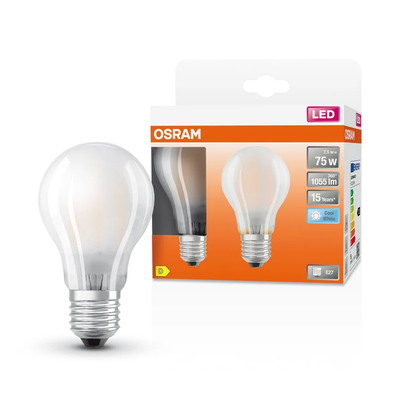 OSRAM LED Lampada LED Retrofit CLASSIC A 7.5W 840 Satinata E27 2 pezzi, 1055 lm, 4000 K, Bianco Freddo