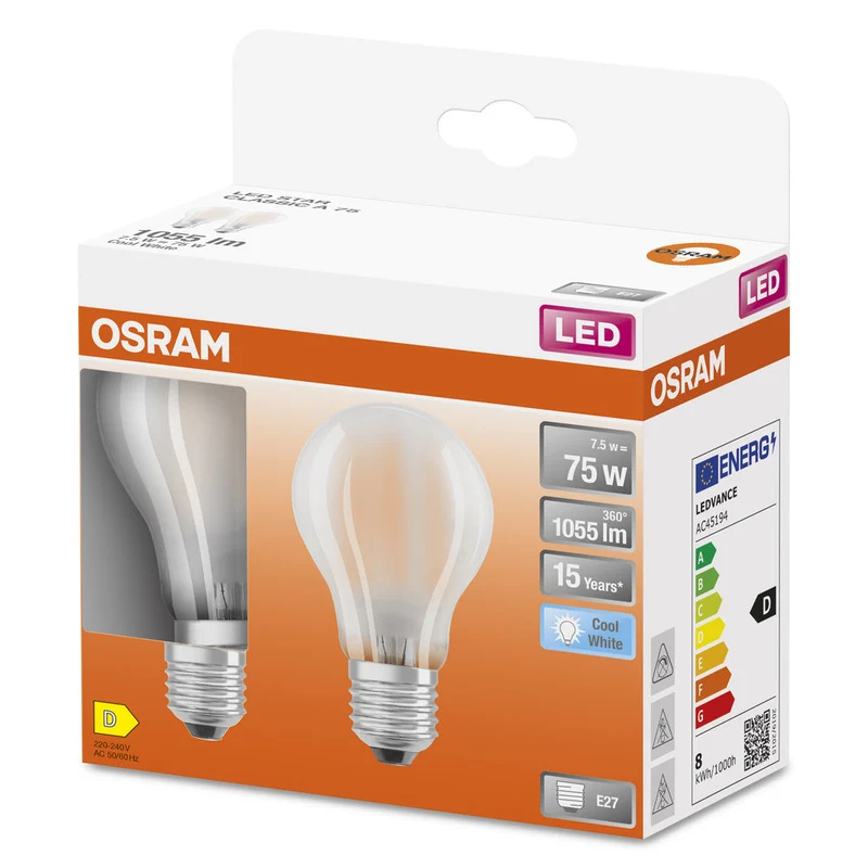 OSRAM LED Lampada LED Retrofit CLASSIC A 7.5W 840 Satinata E27 2 pezzi, 1055 lm, 4000 K, Bianco Freddo