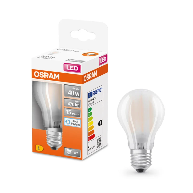 OSRAM LED Lampada LED Retrofit CLASSIC A 4W 865 Satinata E27, 470 lm, 6500 K, Luce diurna fredda