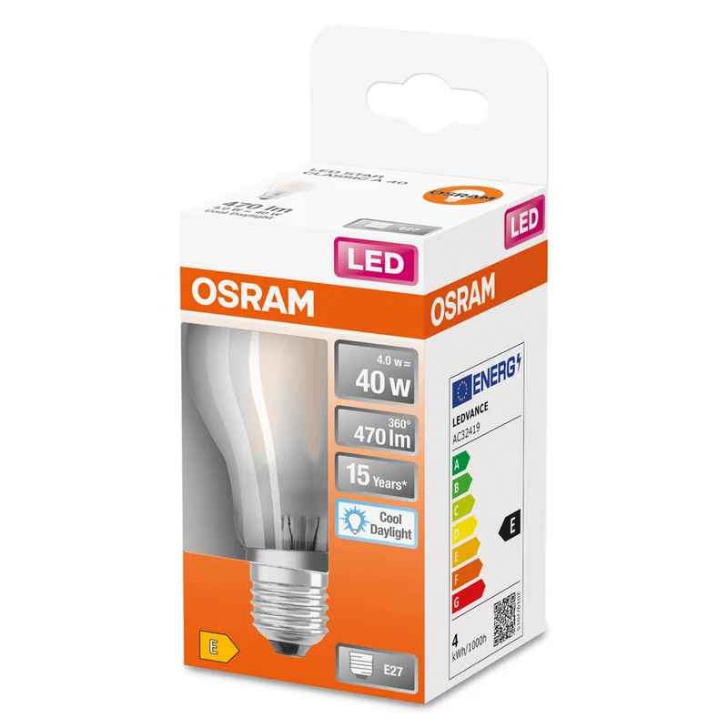 OSRAM LED Lampada LED Retrofit CLASSIC A 4W 865 Satinata E27, 470 lm, 6500 K, Luce diurna fredda