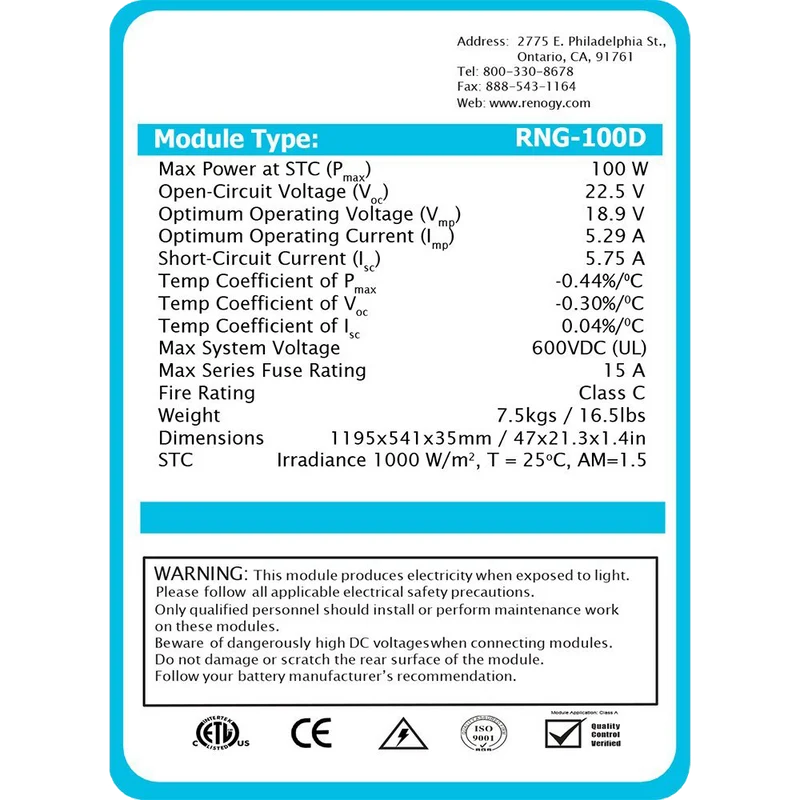 Renogy 2 Piece 100W Monocrystalline Photovoltaic PV Solar Panel Module