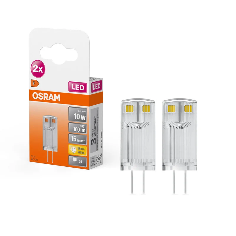 OSRAM LED Stiftsockellampe PIN 12 V 0.9W 827 Clear G4 2er Pack, 100 lm, 2700 K, Warmweiß