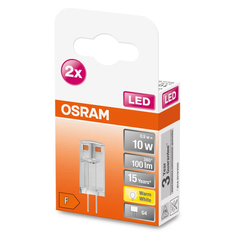 OSRAM LED Stiftsockellampe PIN 12 V 0.9W 827 Clear G4 2er Pack, 100 lm, 2700 K, Warmweiß
