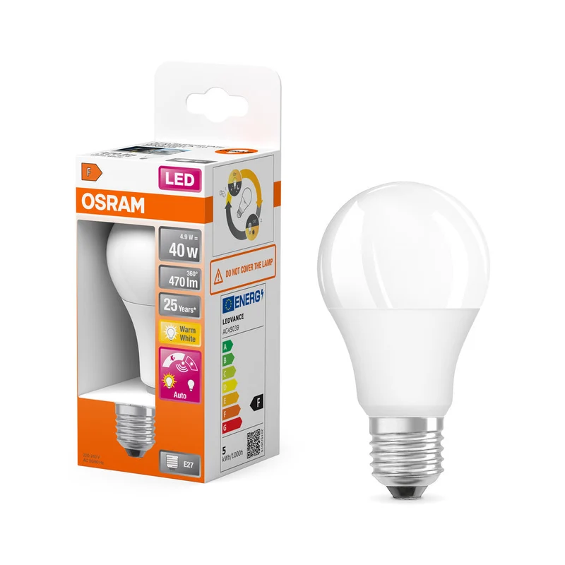 OSRAM DAYLIGHT SENSOR CLASSIC A Lampada LED 4.9W 827 Satinata E27, 470 lm, 2700 K, Bianco caldo