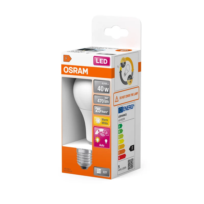 OSRAM DAYLIGHT SENSOR CLASSIC A Lampada LED 4.9W 827 Satinata E27, 470 lm, 2700 K, Bianco caldo