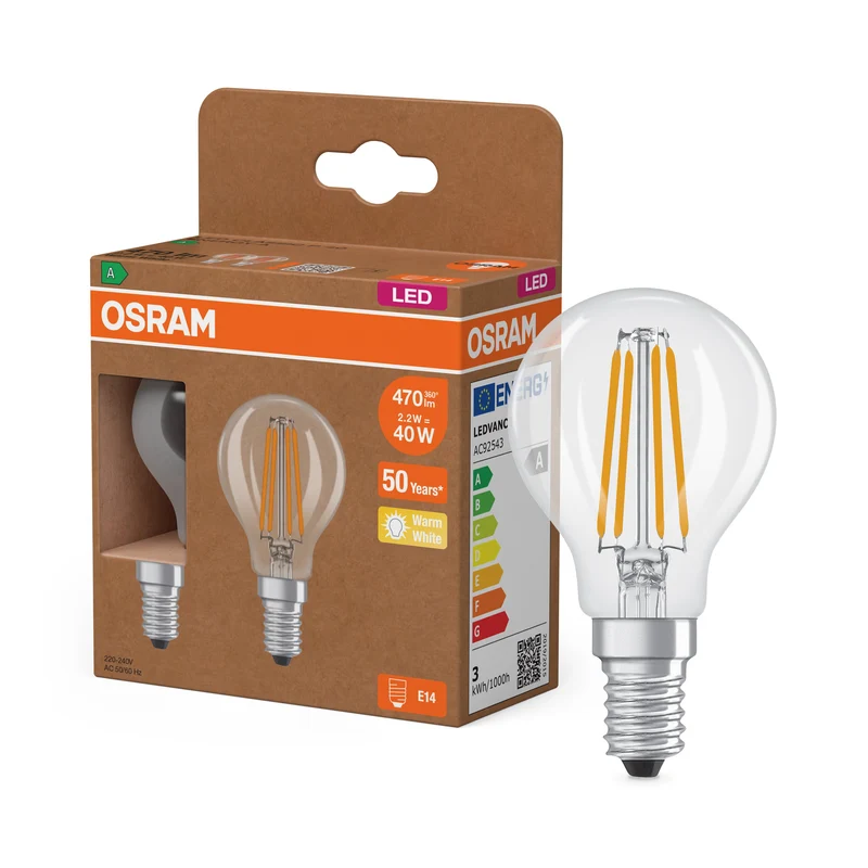 OSRAM Energy Class LED-Lampada, 2.2W, Chiara, EEK A, 470lm, E14, Bianco caldo