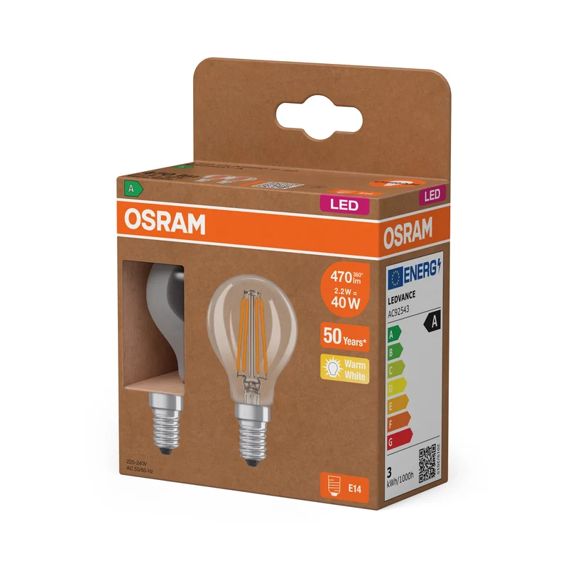 OSRAM Energy Class LED-Lampada, 2.2W, Chiara, EEK A, 470lm, E14, Bianco caldo