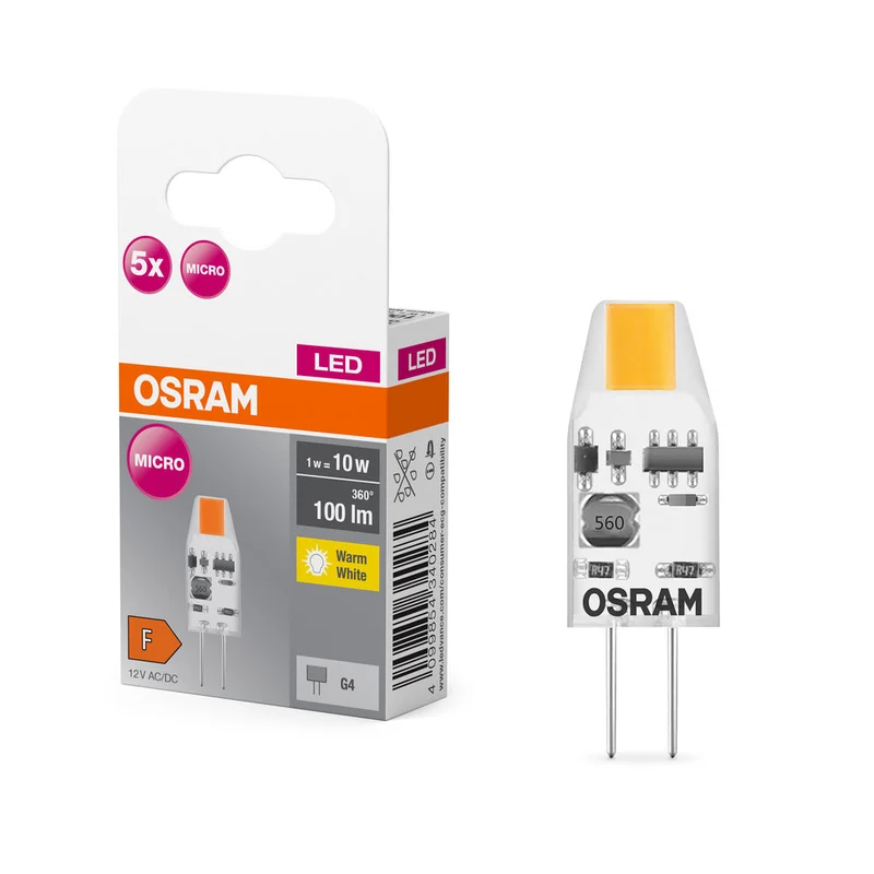 OSRAM LED Lampadina a spillo PIN Lampada Bianco caldo Chiaro, 12 V, 1 W, 27000 K, G4 Confezione da 5