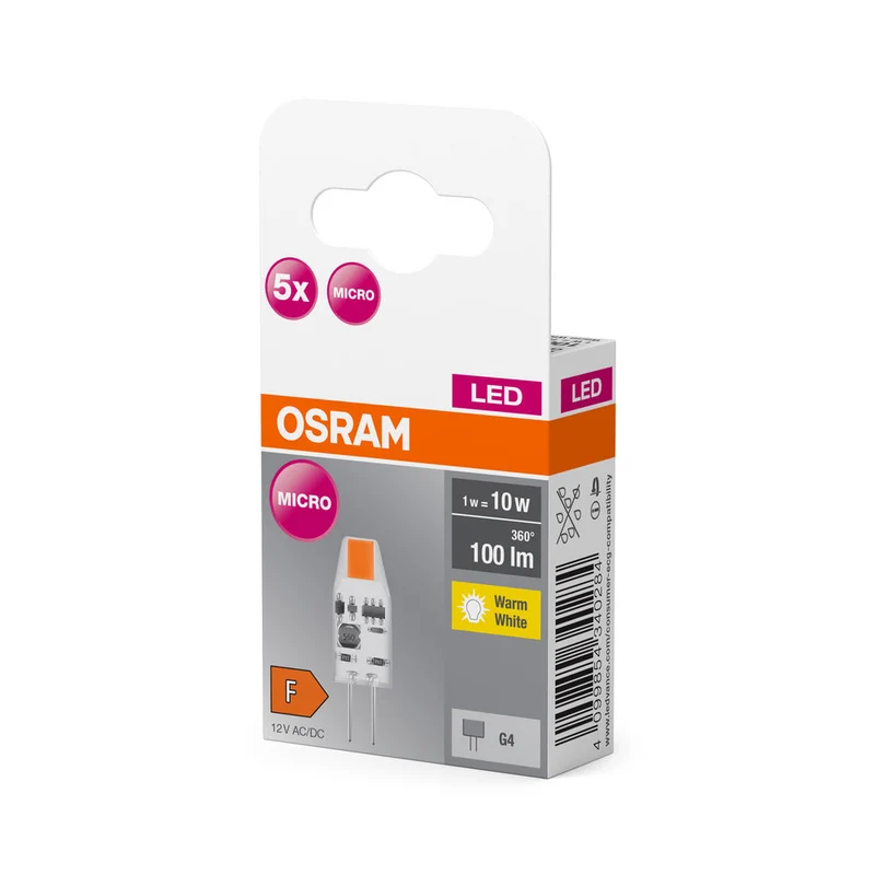 OSRAM LED Lampadina a spillo PIN Lampada Bianco caldo Chiaro, 12 V, 1 W, 27000 K, G4 Confezione da 5
