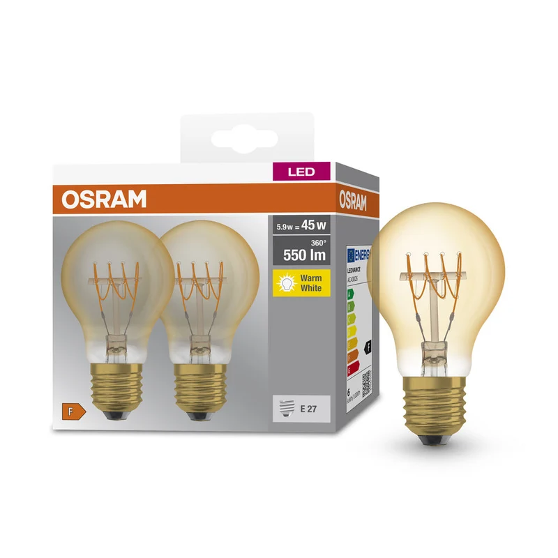 OSRAM LED Base Classic A 45 Filamento Retrò 5.9W 827 E27 2 pezzi, Bianco caldo