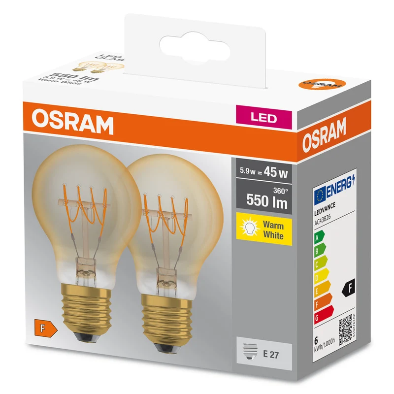 OSRAM LED Base Classic A 45 Filamento Retrò 5.9W 827 E27 2 pezzi, Bianco caldo