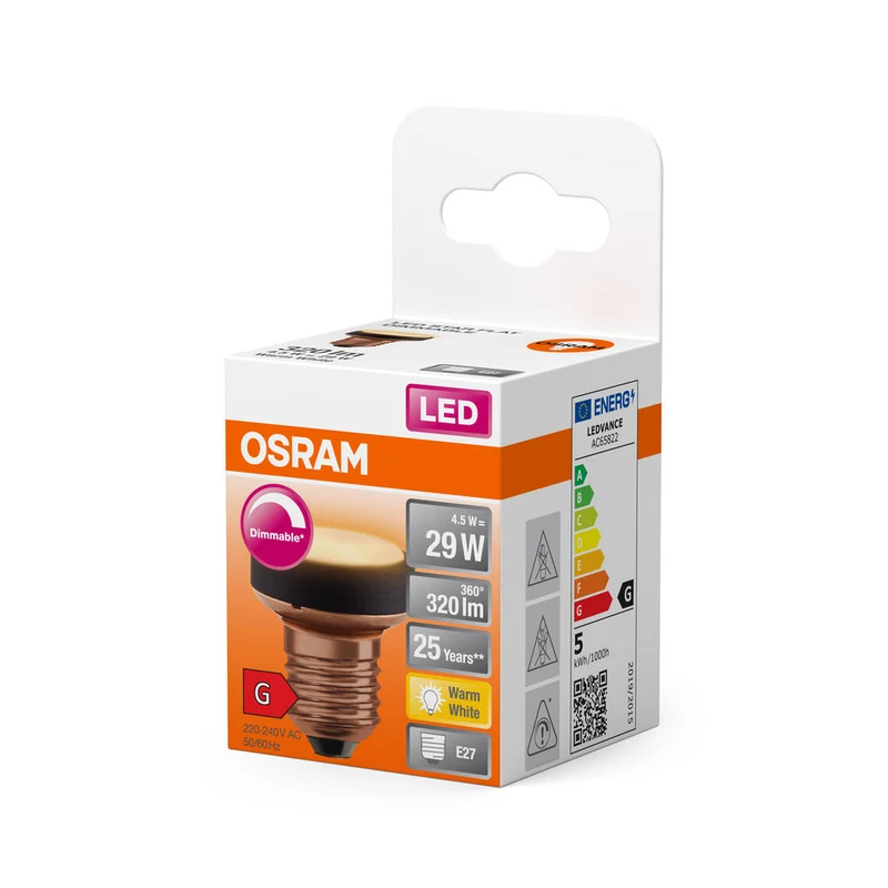 OSRAM LAMPADA LED PIATTA Lampada LED dal design ultracompatto, dimmerabile, 2700K, 3.5W, opaca, E27, bianco caldo