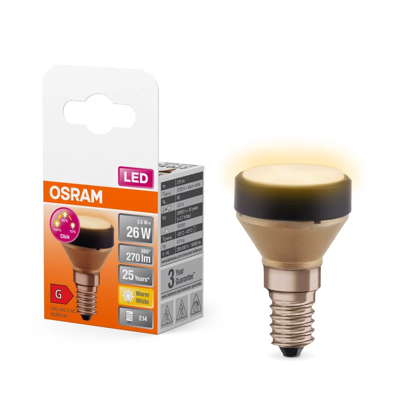 OSRAM LAMPADA LED PIATTA Lampada dal design ultracompatto, dimmerazione a 3 livelli, 2700K, 3.5W, opaca, E14, bianco caldo