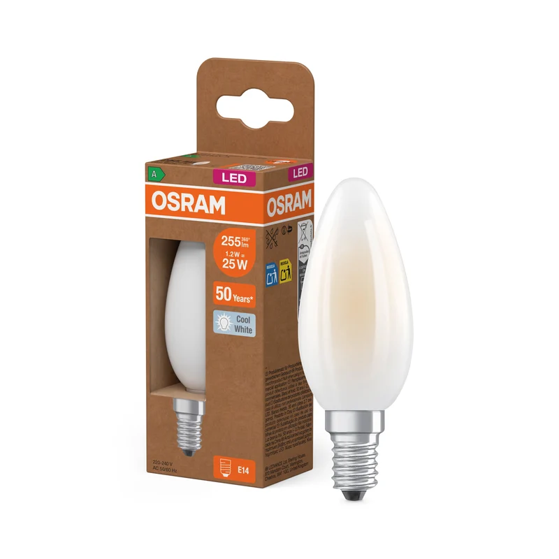 OSRAM Lampadina LED Edison + Filamento EEK A, E14, 1.2W, 4000K, Bianco freddo
