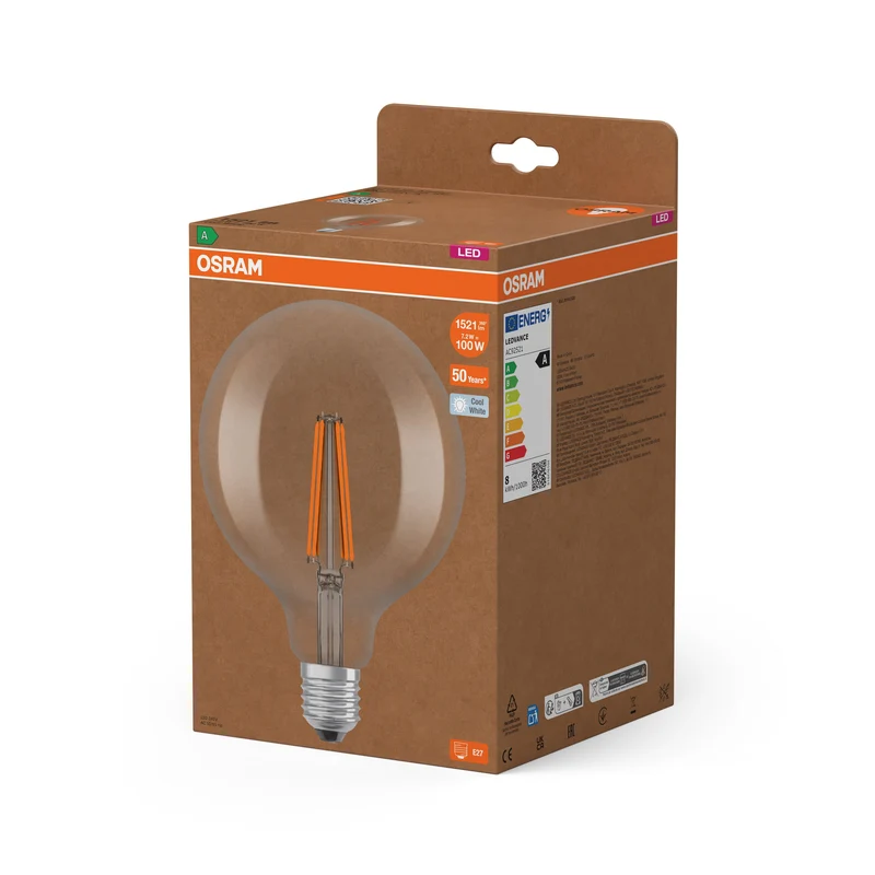 OSRAM Lampadina LED-Globo con Filamento EEK A, E27, 7.2W, 470lm, Bianco freddo