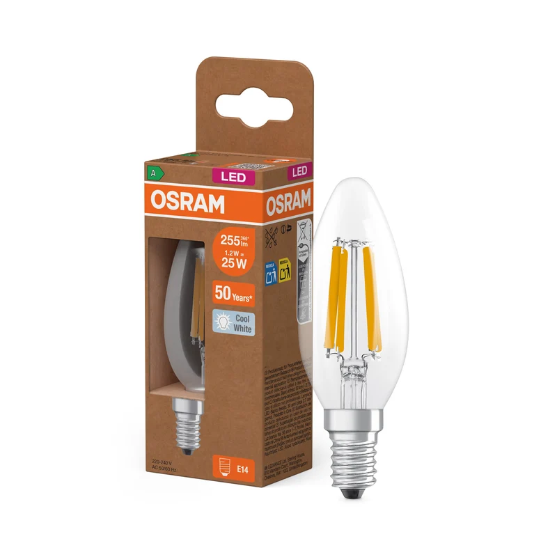 OSRAM lampadina a candela LED + filamento EEK A, E14, 1.2W, 255lm, bianco freddo
