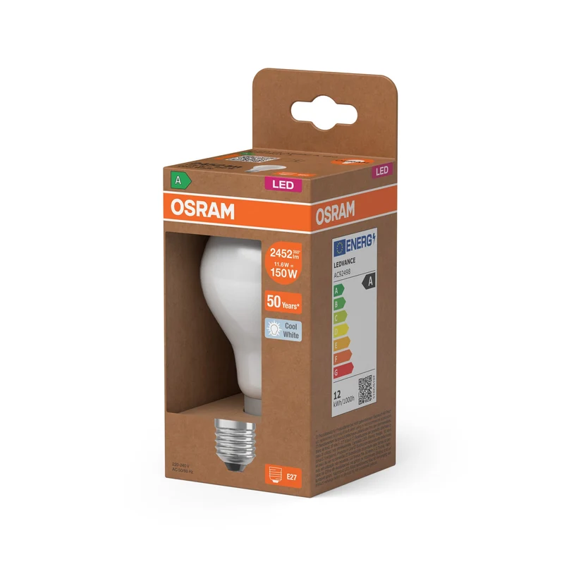 OSRAM Lampadina LED + Filamento EEK A, E27, 11.6W, 4000K, Bianco freddo