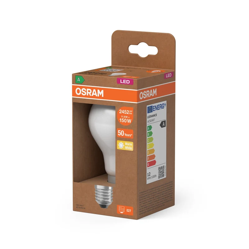 OSRAM Lampada LED ad alta efficienza Classic opaca, 11.6W, 2452lm, E27, Bianco caldo