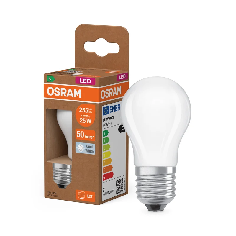 Lampadina LED mini a filamento OSRAM EEK A, E27, 4000K, bianco freddo