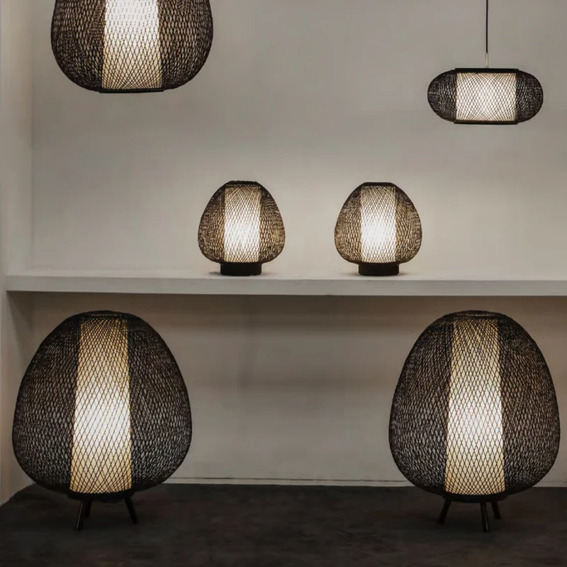 TWIGGY EGG - Lampadaire exotique en bambou et bois, Ø 60 cm