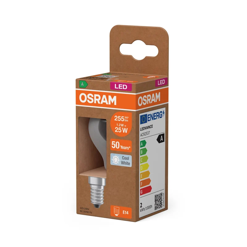 Lampadina LED mini a globo OSRAM con filamento EEK A, 1.2W, 4000K, bianco freddo, E14