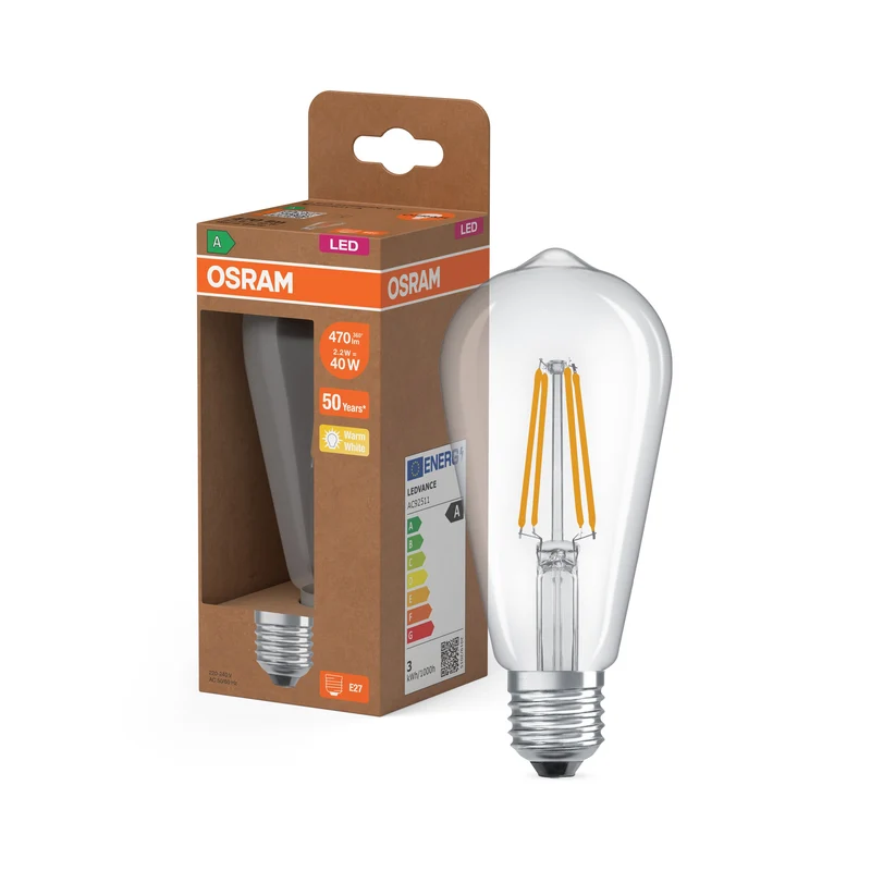 OSRAM Lampadina LED-Globo + Filamento EEK A, E27, 7.2W, 2700K, Bianco caldo