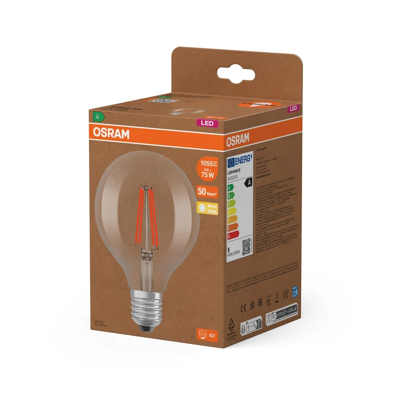 Lampadina LED Edison OSRAM con filamento EEK A, E27, 5W, 4000K, bianco caldo