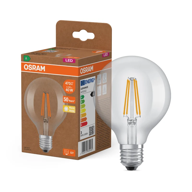 Lampadina LED Globo OSRAM con filamento EEK A, E27, 5W, 95mm, bianco caldo