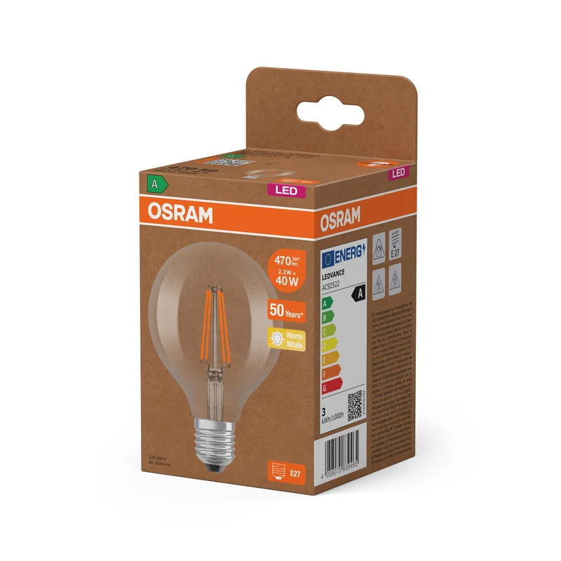 Lampadina LED Globo OSRAM con filamento EEK A, E27, 5W, 95mm, bianco caldo