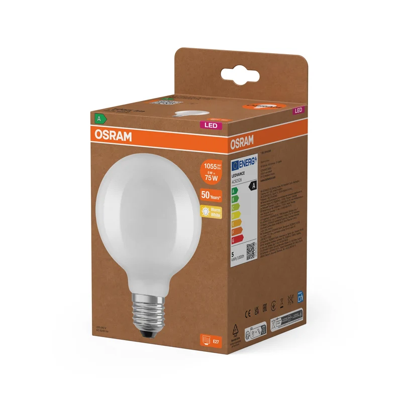 OSRAM lampadina LED-Globo con filamento EEK A, E27, 5W, 2700K, bianco caldo