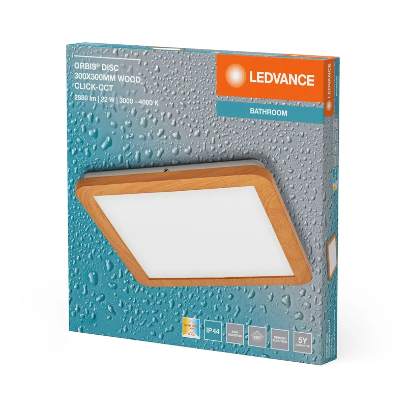 Plafoniera da bagno LEDVANCE ORBIS Disc 30x30 cm 22W IP44 decoro legno