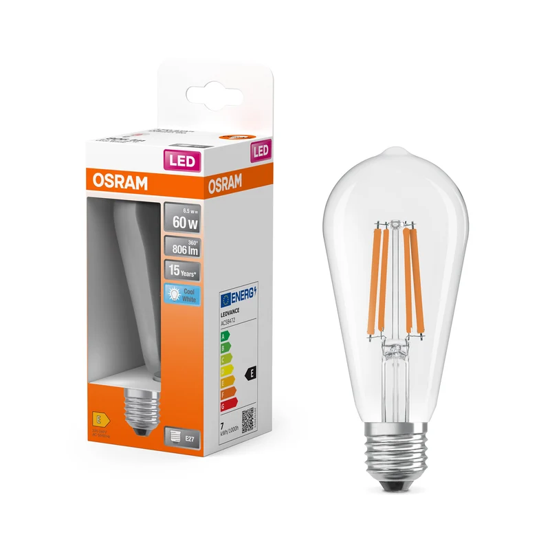 OSRAM LED Star Classic Lampada, forma Edison, 6.5W, 806lm, Chiara, Bianco freddo, E27