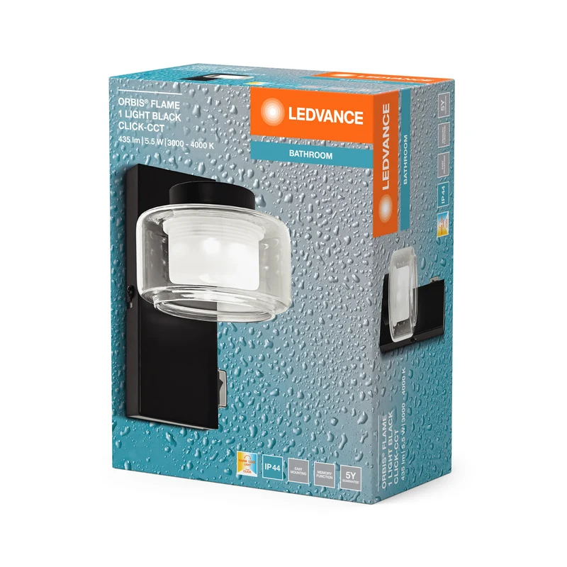 Lampada da parete per bagno LEDVANCE ORBIS Flame 5,5W Click CCT IP44 nera