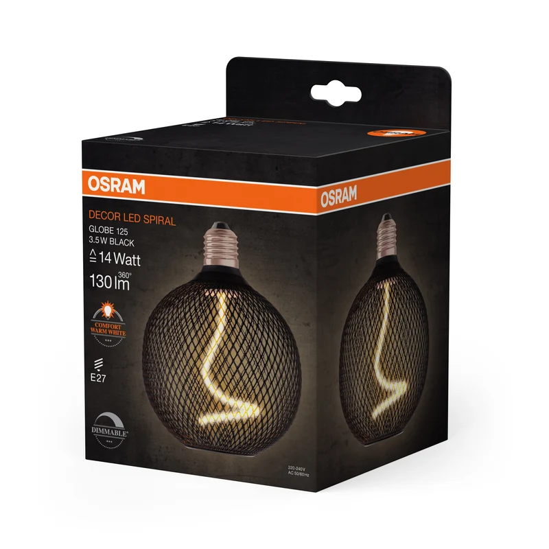 OSRAM DECOR LED Lampadina a filamento a spirale Globo, Nero, 3.5W, 130lm, Bianco caldo comfort, E27