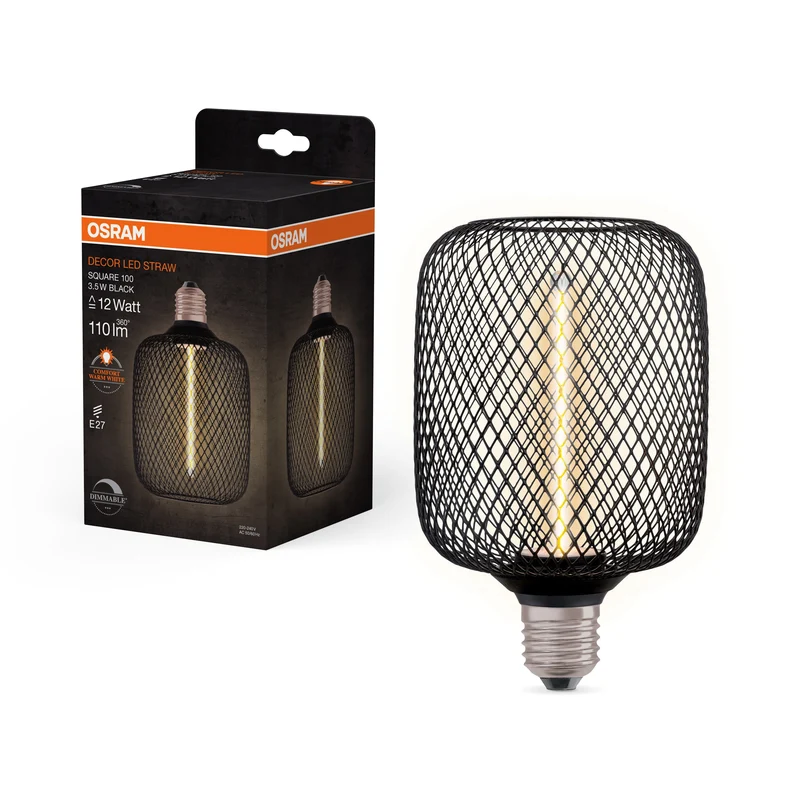 OSRAM DECOR LED Lampada a filamento di paglia quadrata, nero, 3.5W, 110lm, bianco caldo confortevole, E27