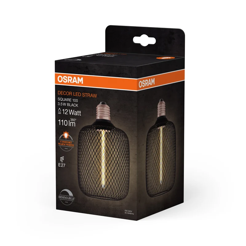 OSRAM DECOR LED Lampada a filamento di paglia quadrata, nero, 3.5W, 110lm, bianco caldo confortevole, E27