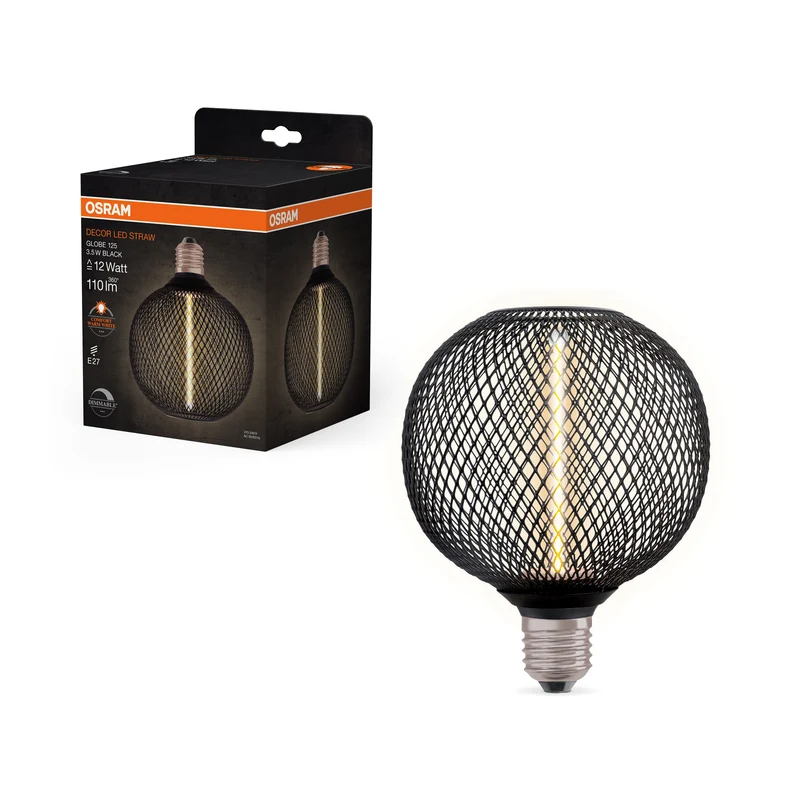 OSRAM DECOR LED Lampadina a filamento di paglia Globo, Nero, 3.5W, 110lm, Bianco caldo confortevole, E27
