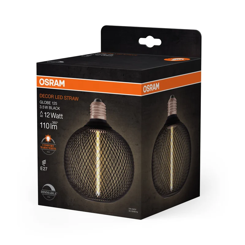 OSRAM DECOR LED Lampadina a filamento di paglia Globo, Nero, 3.5W, 110lm, Bianco caldo confortevole, E27