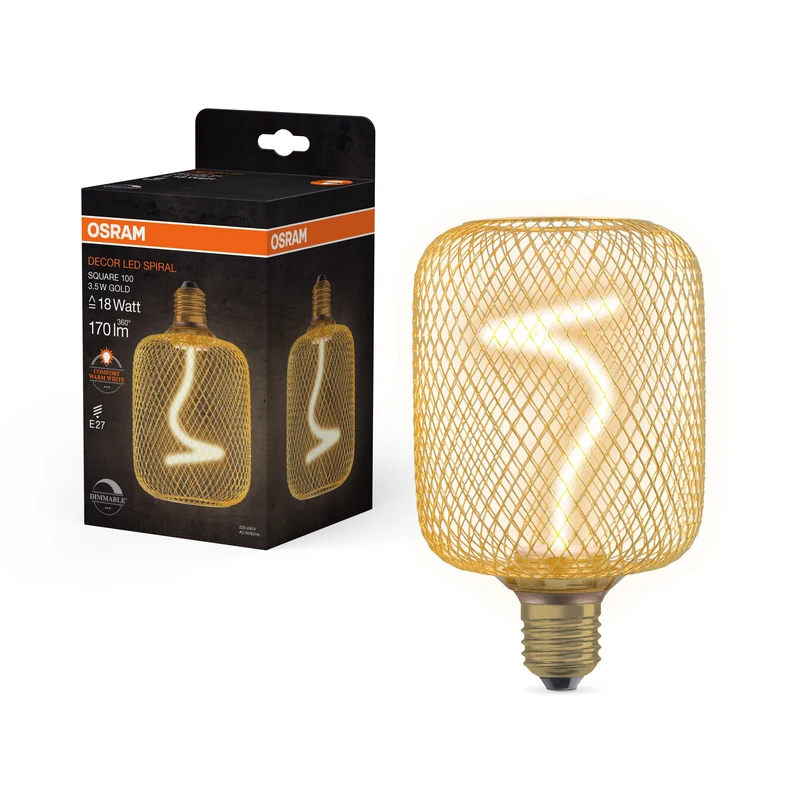 OSRAM DECOR LED Lampadina a filamento a spirale quadrata, oro, 3.5W, 170lm, bianco caldo comfort, E27