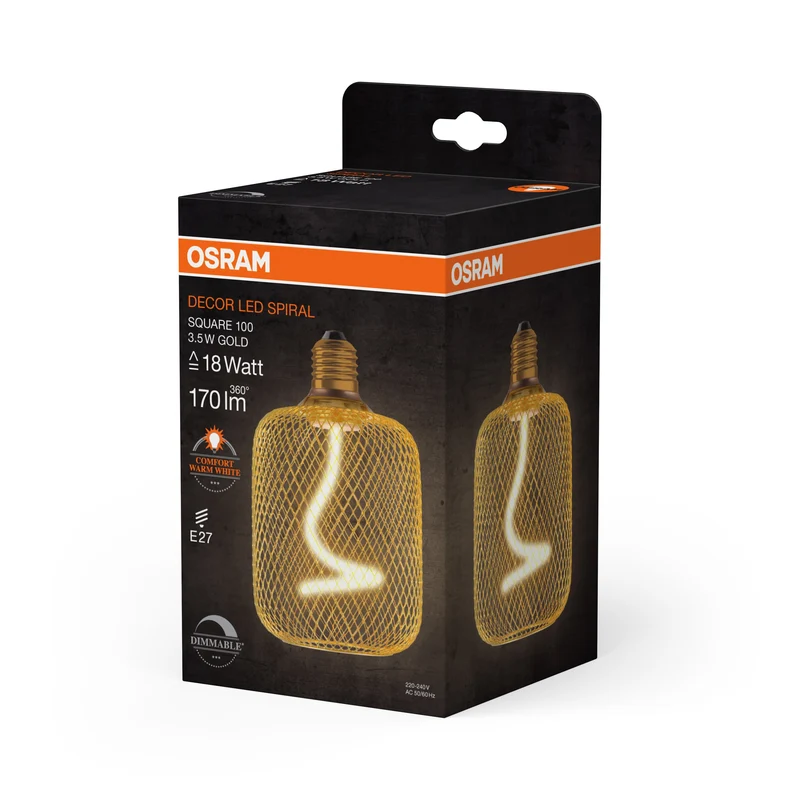OSRAM DECOR LED Lampadina a filamento a spirale quadrata, oro, 3.5W, 170lm, bianco caldo comfort, E27