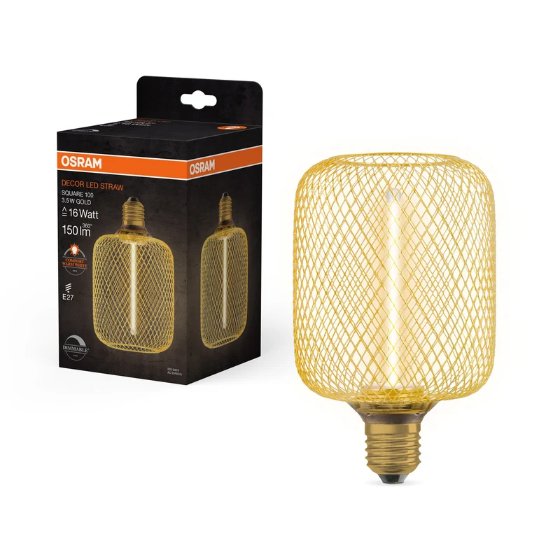 OSRAM DECOR LED Lampada a filamento di paglia quadrata, oro, 3.5W, 150lm, bianco caldo confortevole, E27