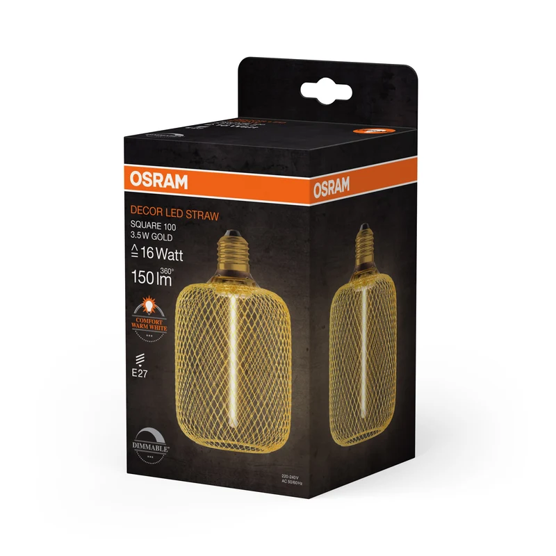 OSRAM DECOR LED Lampada a filamento di paglia quadrata, oro, 3.5W, 150lm, bianco caldo confortevole, E27