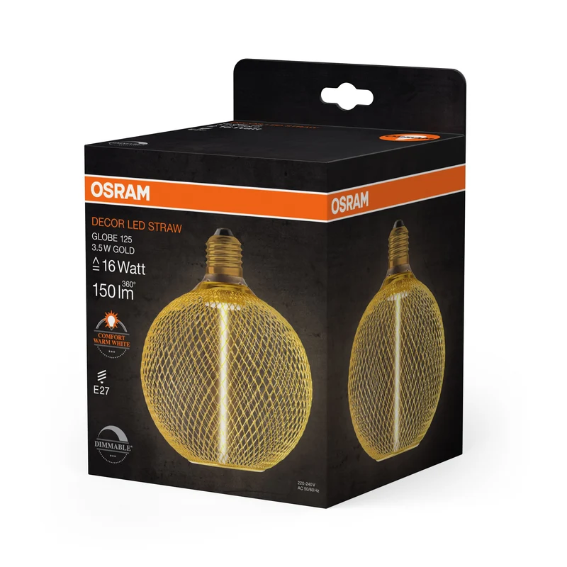 OSRAM DECOR LED Lampadina a filamento di paglia Globo, Oro, 3.5W, 150lm, Bianco caldo confortevole, E27