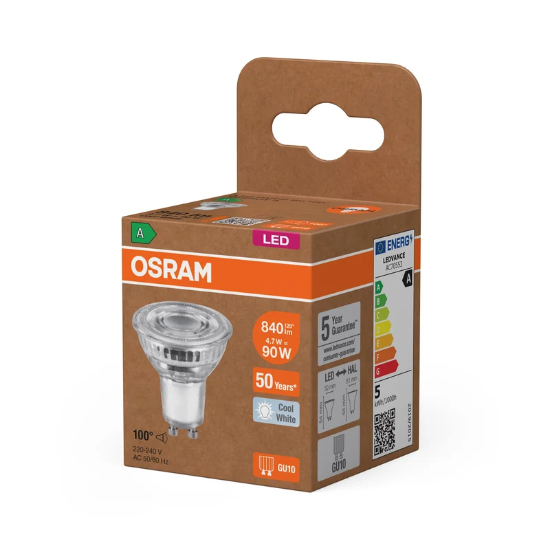 OSRAM Classe Energetica Lampada LED Riflettore, 4.7W, 850lm, EEK A, Bianco Freddo, GU10